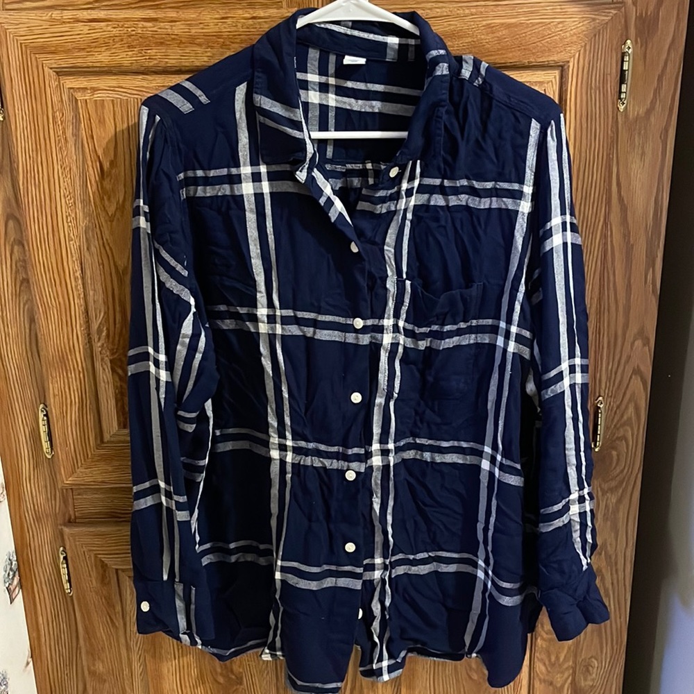 Old Navy Long-sleeve, Button Up Blouse. Plaid- Navy with White; XL